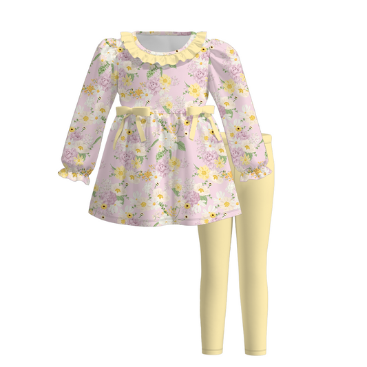 (Custom Design Preorder MOQ 5)  Flowers Tunic Top Yellow Pants Girls Fall Clothes Set