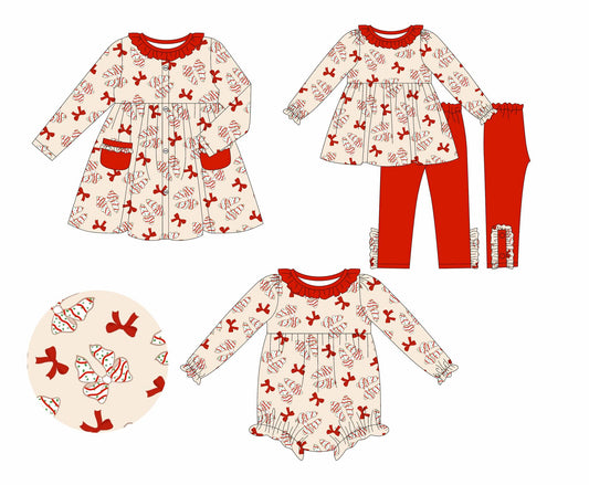 5.21(Custom Design Preorder MOQ 5 Each Design) Bows Cake Print Girls Christmas Matching Clothes Sisters Wear
