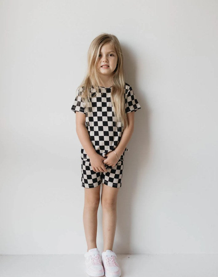 (Custom Design Preorder MOQ 5) Black Plaid Shorts Girls Summer Clothes Set