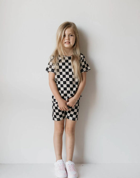 (Custom Design Preorder MOQ 5) Black Plaid Shorts Girls Summer Clothes Set