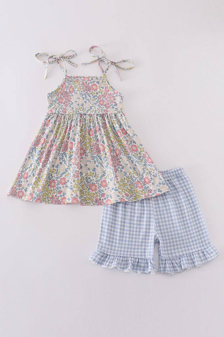 (Custom Design Preorder MOQ 5) Pink Flowers Strap Tunic Top Blue Plaid Shorts Girls Summer Clothes Set