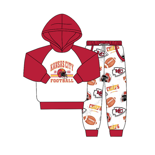 (Custom Design Preorder MOQ 5) Team's KC White Hoodie Top Pockets Pants Boys Fall Clothes Set