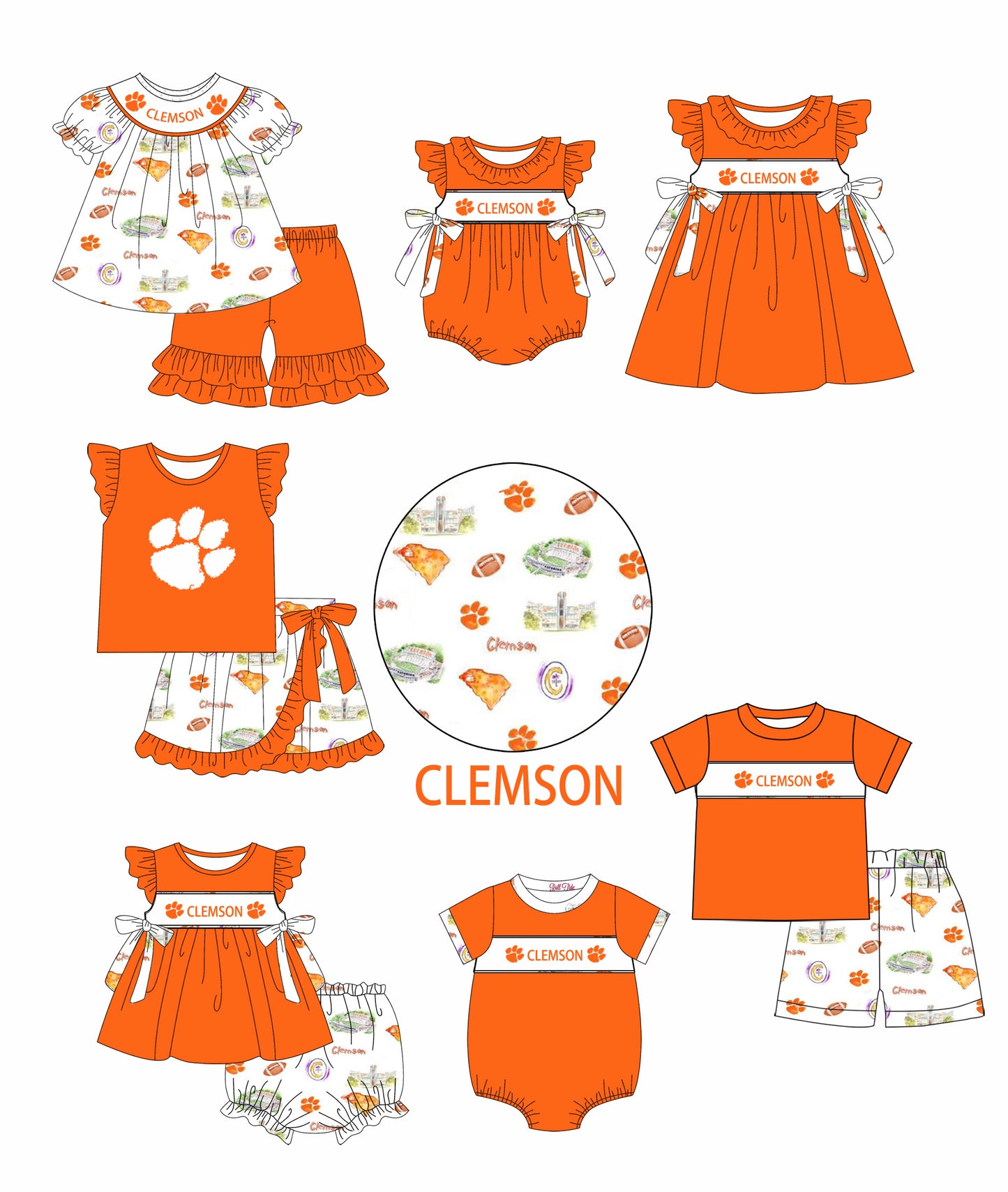 1.7(Custom Design Preorder MOQ 5 Each Design) Team's CLEMSON Print Kids Summer Matching Clothes Sibling Wear