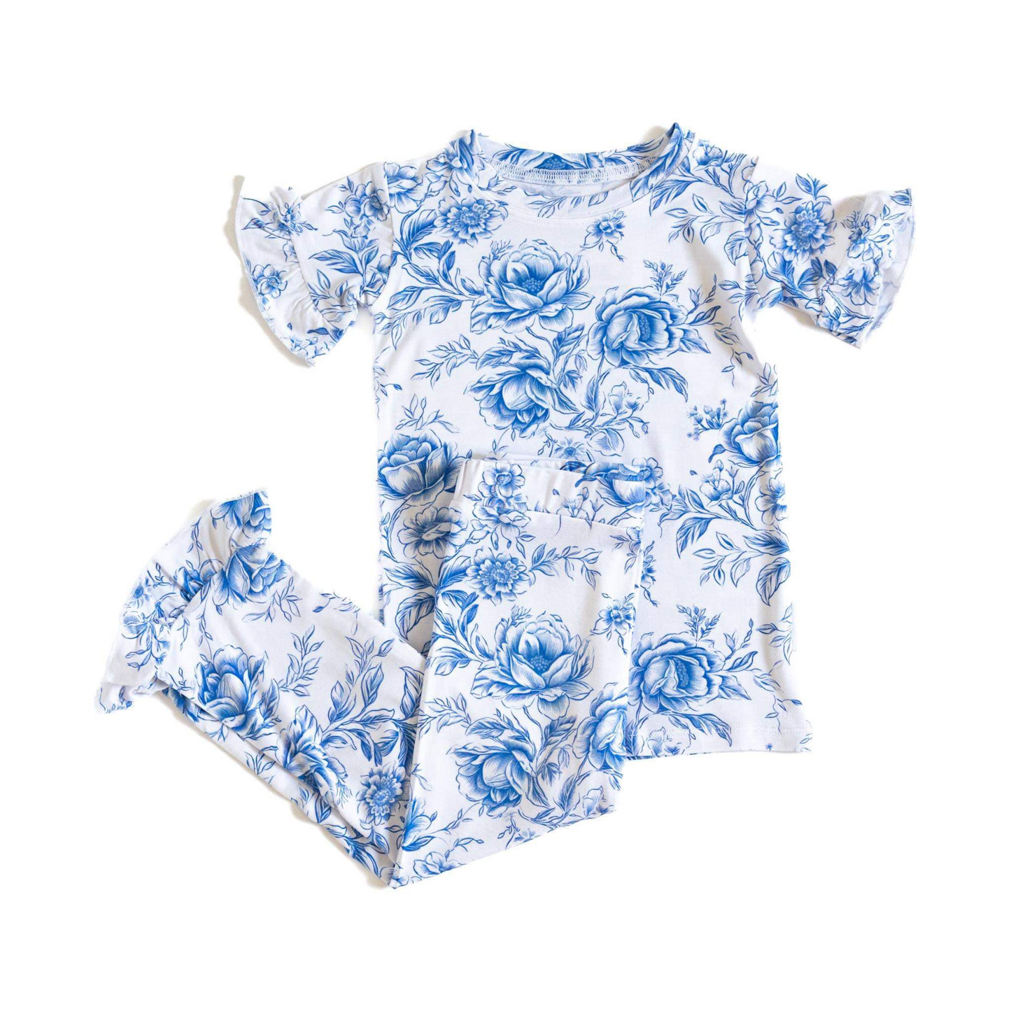 (Custom Design Preorder MOQ 5)  Blue Flowers Print Girls Bamboo Pajamas Clothes Set