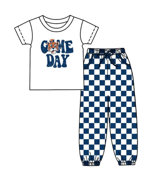 (Custom Design Preorder MOQ 5) Team's Tigers Game Day Print Blue Joggers Pants Boys Clothes Set