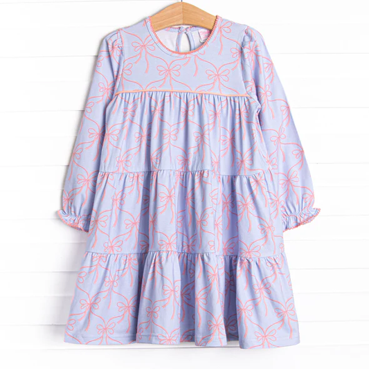 (Custom Design Preorder MOQ 5) Bows Purple Print Girls Knee Length Dress