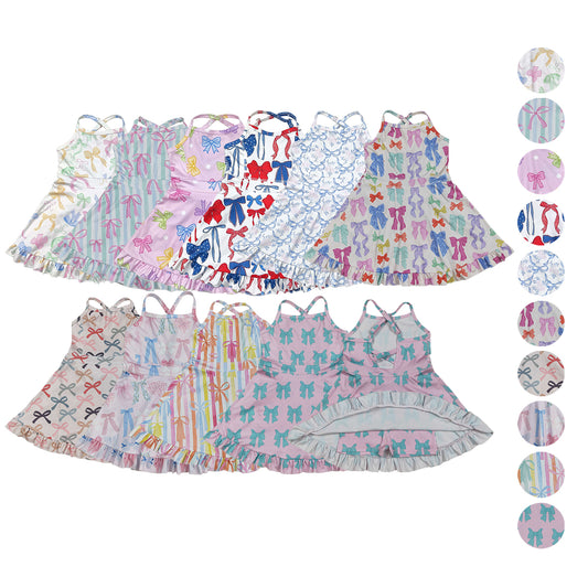 4 Colors Bows Print Girls Summer Knee Length Shorts Yoga Dress Sisters Wear