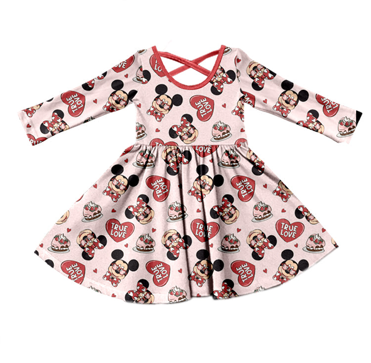 (Custom Design Preorder MOQ 5) Cartoon Mouse Heart Print Girls Valentine's Day Knee Length Dress