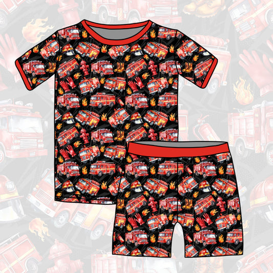 (Custom Design Preorder MOQ 5) Fire Engine Print Boys Summer Pajamas Clothes Set