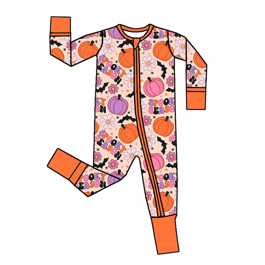 (Custom Design Preorder MOQ 5)  Pumpkin Flowers SPOOKY Print Baby Girls Halloween Zipper Sleeper Romper