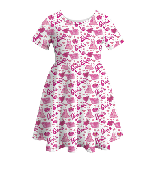 (Custom Design Preorder MOQ 5) Pink BA Stars Print Girls Knee Length Summer Dress