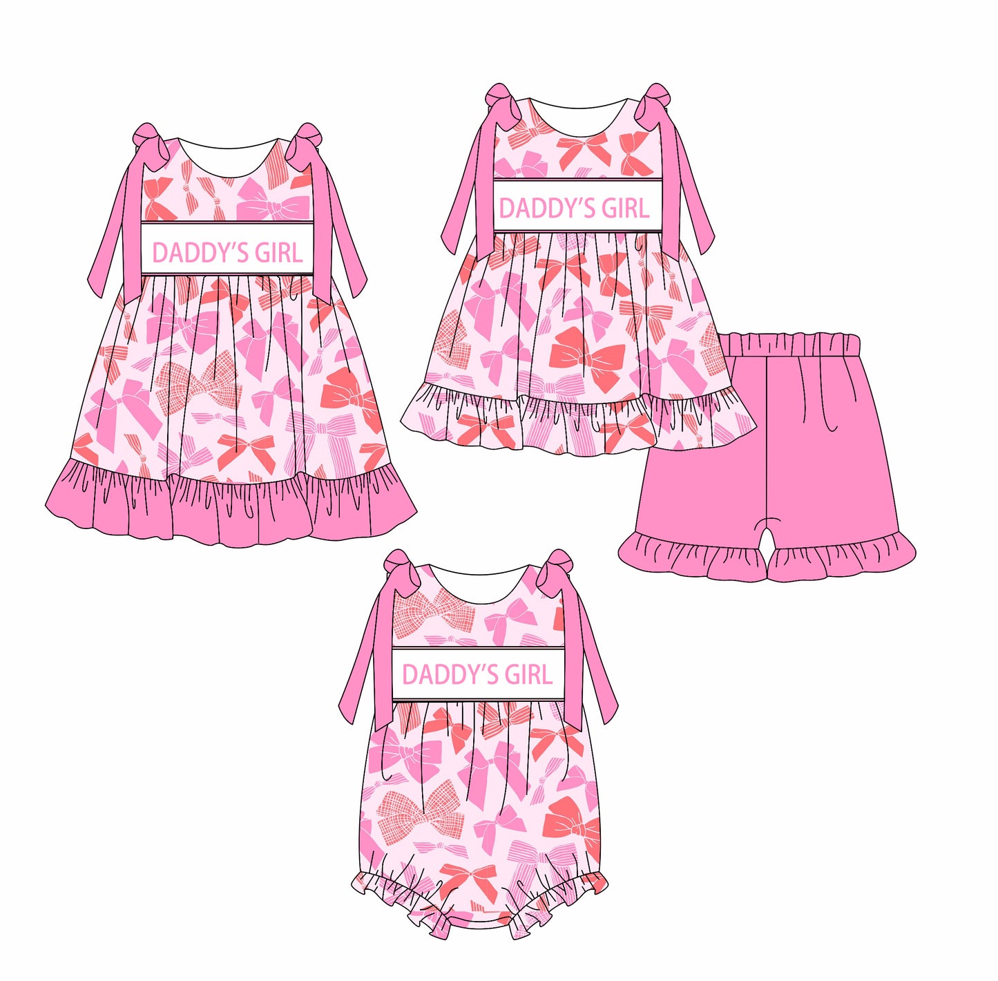 2.18(Custom Design Preorder MOQ 5 Each Design) DADDY'S GIRL Hot Pink Bows Print Girls Summer Matching Clothes Sisters Wear
