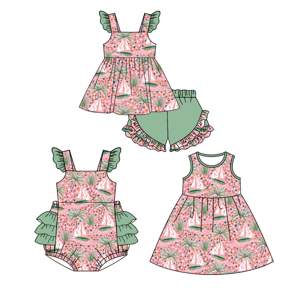 2.8(Custom Design Preorder MOQ 5 Each Design)  Sailboat Pink Print Girls Summer Matching Clothes Sisters Wear
