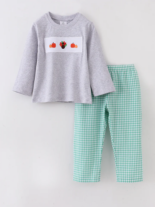 (Custom Design Preorder MOQ 5)  Turkey Pumpkin Grey Top Plaid Pants Boys Clothes Set