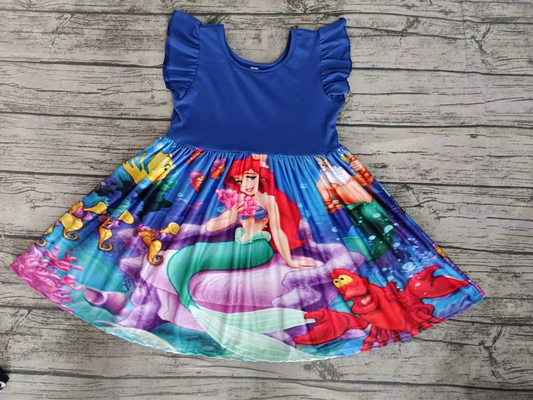 (Custom Design Preorder MOQ 5)  Cartoon Princess Mermaid Prints Girls Summer Dress