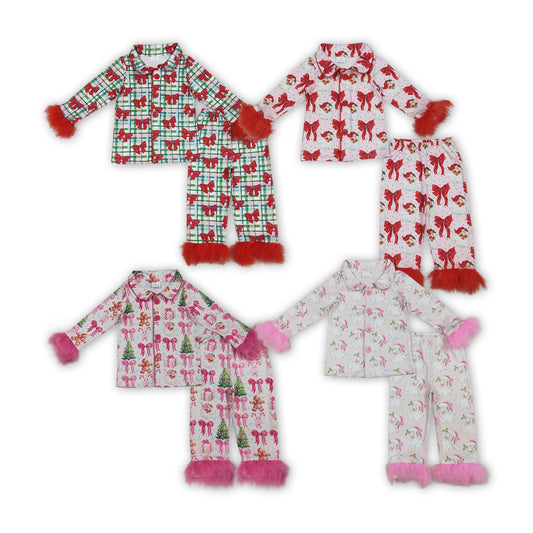 4 Colors Bows Print Girls Christmas Buttons Fur Pajamas Clothes Sisters Wear