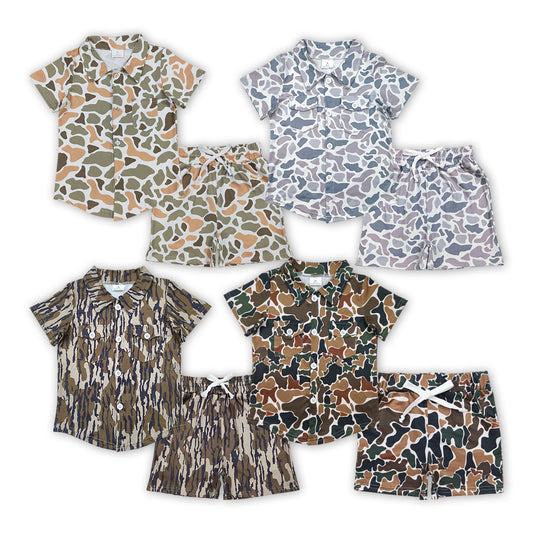 4 Colors Camo Pockets Tee Shirts Top Shorts Boys Summer Clothes Set Brothers Wear