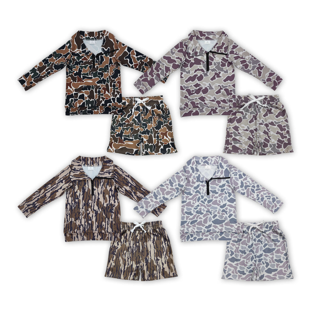 4 Colors Camo Zipper Top Pockets Shorts Boys Clothes Set Brothers Wear