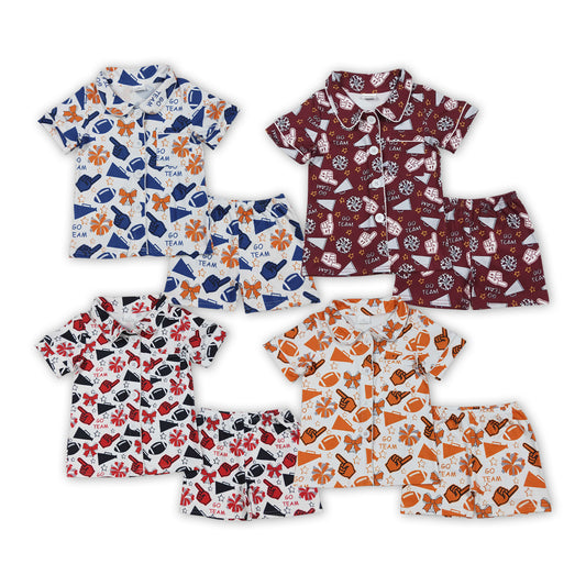 4 Colors GO TEAM Cheer Bows Print Girls Buttons Summer Pajamas Clothes Set Sisters Wear
