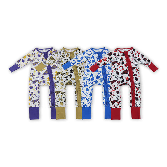 4 Colors Go Team Cheer Bows Baby Girls Fall Zipper Sleeper Romper Sisters Wear