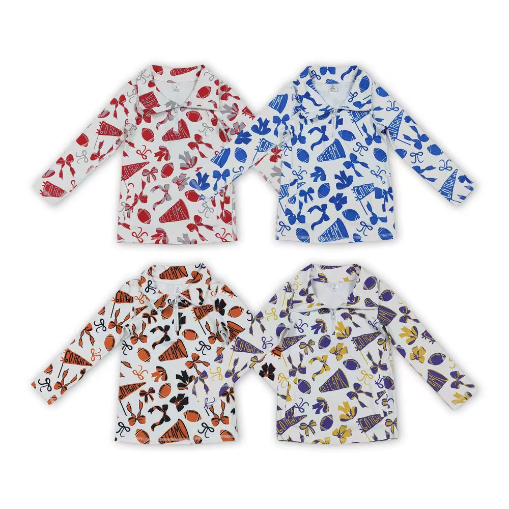 4 Colors Go Team Cheer Bows Print Girls Fall Zipper Pullover Yoga Top Sisters Wear