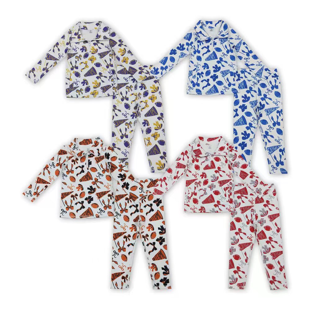 4 Colors Go Team Cheer Bows Zipper Top Legging Pants Girls Yoga Clothes Set Sisters Wear