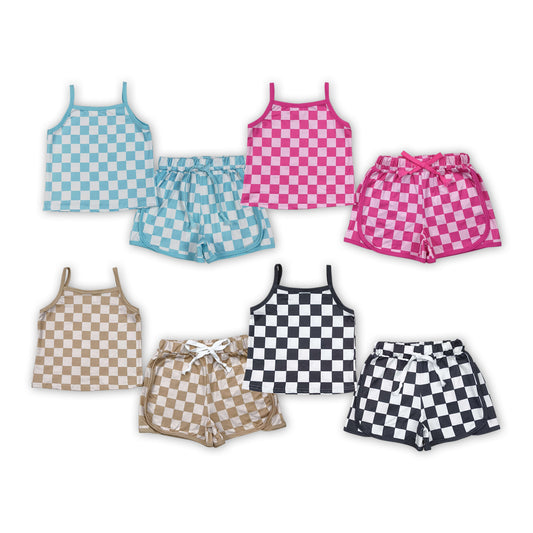 4 Colors Plaid Tank Top Shorts Girls Summer Clothes Set