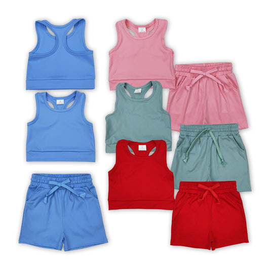 4 Colors Tank Top Pockets Shorts Girls Yoga Summer Sports Clothes Set Sisters Wear