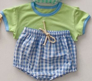 (Custom Design Preorder MOQ 5) Green Top Blue Plaid Shorts Baby Summer Bummie Set