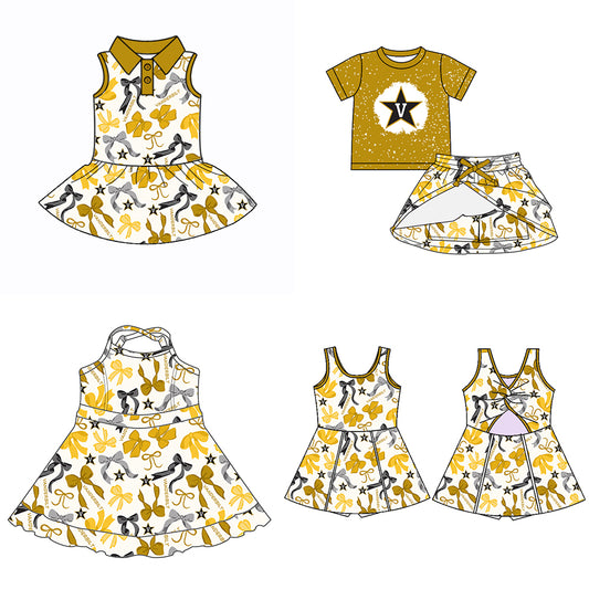 (Custom Design Preorder MOQ 5 Each Color) Team's VANDERBILT Bows Print Girls Summer Clothes Sisters Matching Wear