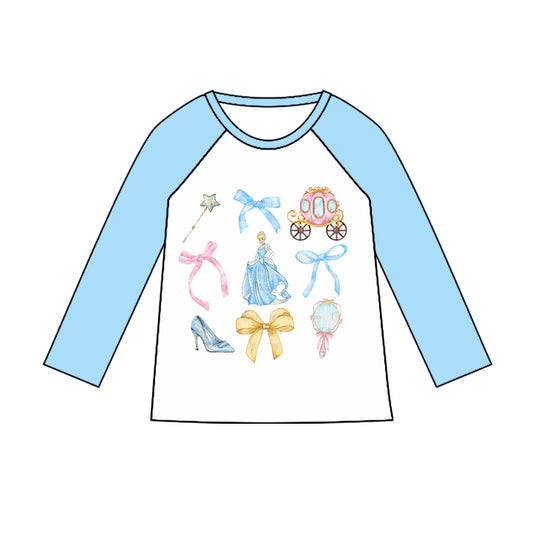 (Custom Design Preorder MOQ 5) Cartoon Princess Blue Print Girls Tee Shirts Top