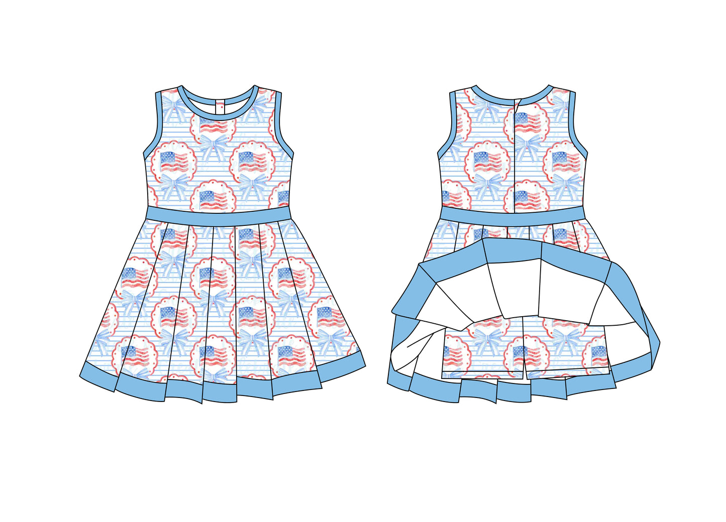 (Custom Design Preorder MOQ 5) Flag Blue Bows Print Zipper Shorts Skirts Girls 4th of July Yoga Dress Sisters Wear