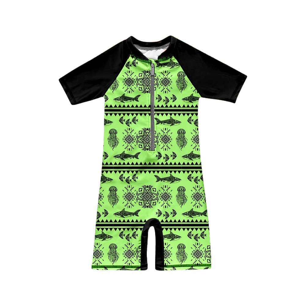 (Custom Design Preorder MOQ 5)  Fish Aztec Print Boys Zipper Swimsuits