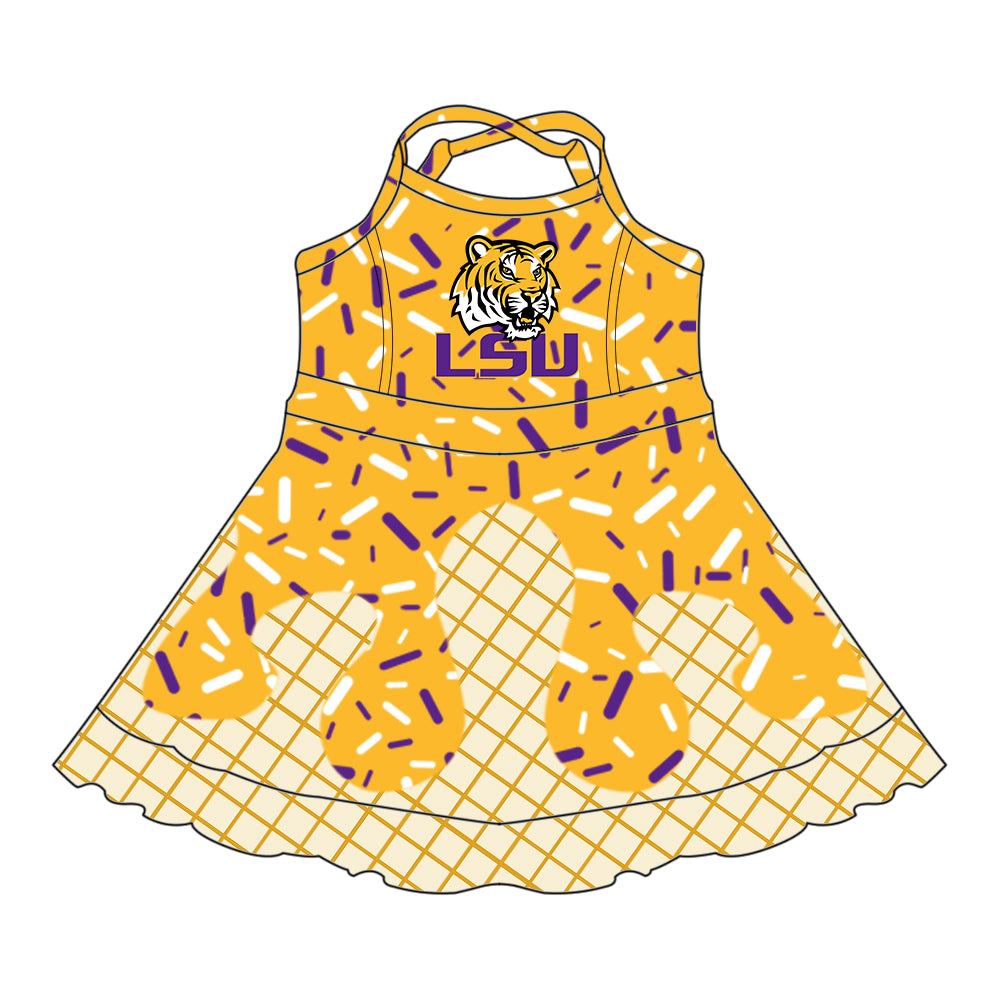 (Custom Design Preorder MOQ 5 Each Item)Team's LSU Tigers Sprinkles Print Sibling Matching Clothes