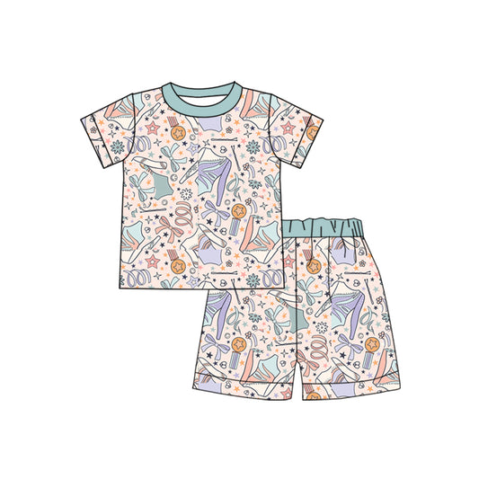 (Custom Design Preorder MOQ 5)   Dancing Print Girls Summer Pajamas Clothes Set