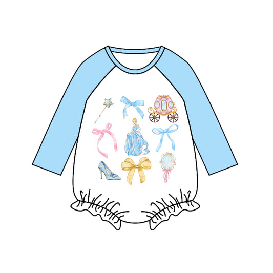 (Custom Design Preorder MOQ 5) Cartoon Princess Blue Print Baby Girls Romper