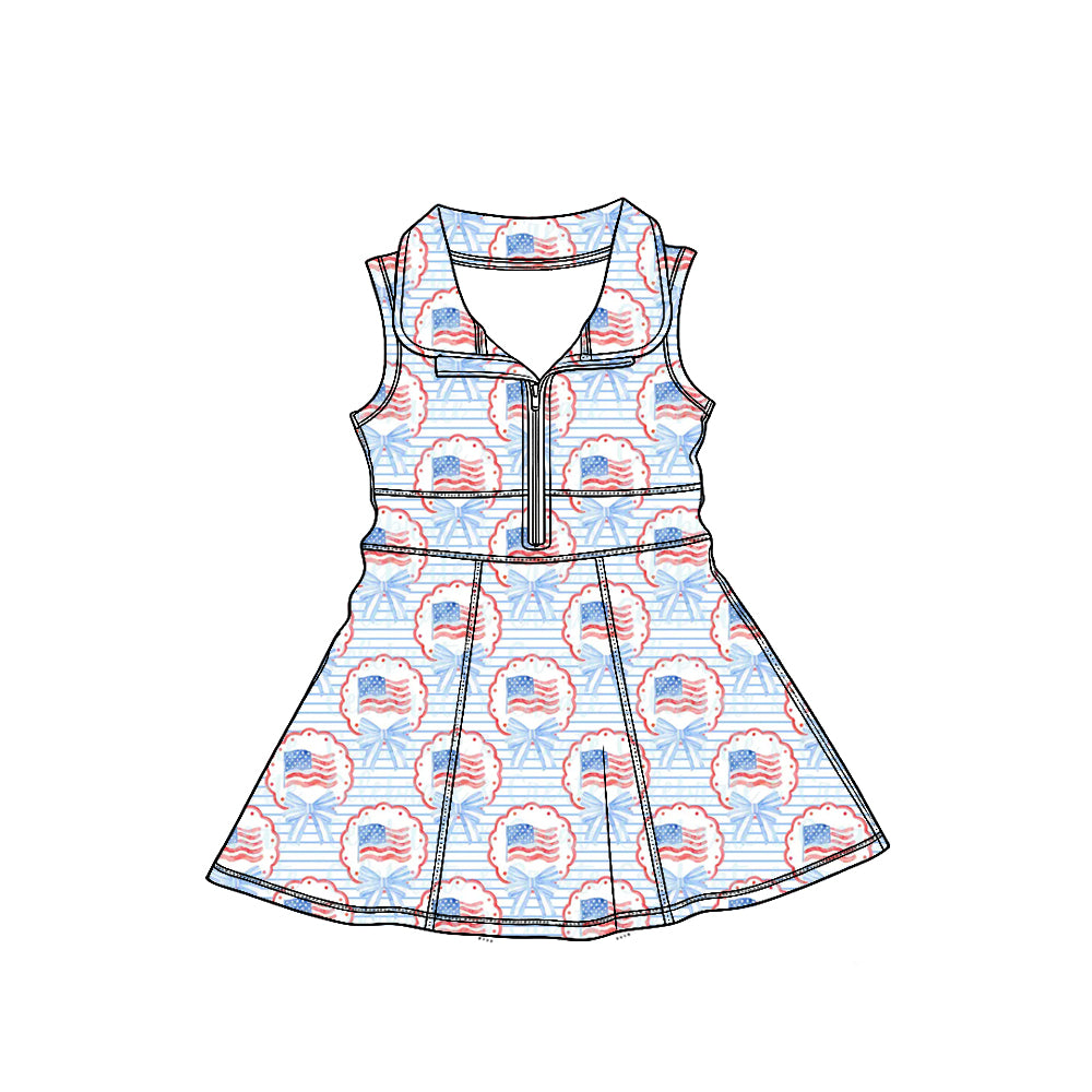 (Custom Design Preorder MOQ 5) Flag Blue Bows Print Zipper Shorts Skirts Girls 4th of July Yoga Dress Sisters Wear