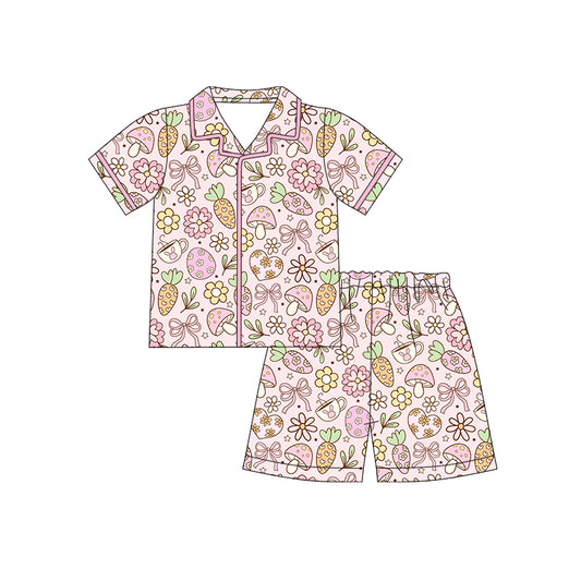 12.10 (Custom Design Preorder MOQ 5) Bunny Flowers Bows Print Girls Easter Buttons Pajamas Clothes Set