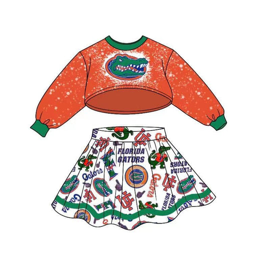 (Custom Design MOQ 5) Orange Long Sleeve Top Leopard Skirts Girls Football Team's Clothes Set