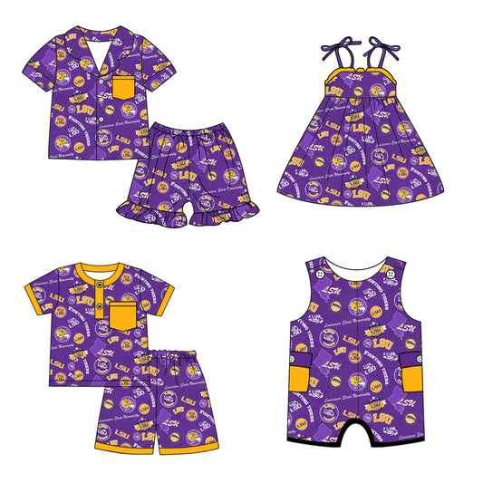 (Custom Design Preorder MOQ 5 Each Design) Team's LSU Purple Print Kids Summer Matching Clothes Sibling Wear