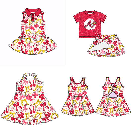 (Custom Design Preorder MOQ 5 Each Color) Team's BRAVES Bows Print Girls Summer Clothes Sisters Matching Wear