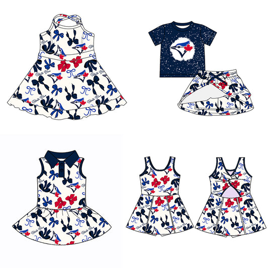 (Custom Design Preorder MOQ 5 Each Color) Team's TOTONTO BLUE Bows Print Girls Summer Clothes Sisters Matching Wear