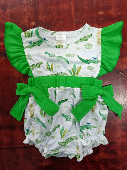 (Custom Design Preorder MOQ 5) Crocodile Green Print Baby Girls Summer Romper