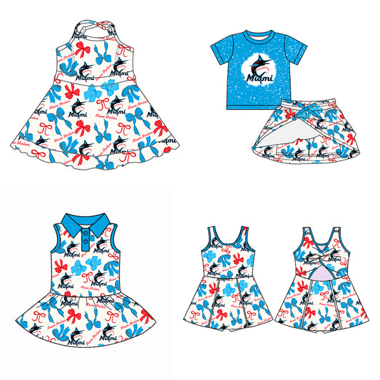 (Custom Design Preorder MOQ 5 Each Color) Team's MIAMI Bows Print Girls Summer Clothes Sisters Matching Wear