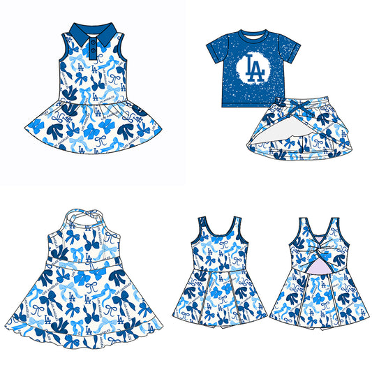 (Custom Design Preorder MOQ 5 Each Color) Team's LOS ANGELES Bows Print Girls Summer Clothes Sisters Matching Wear
