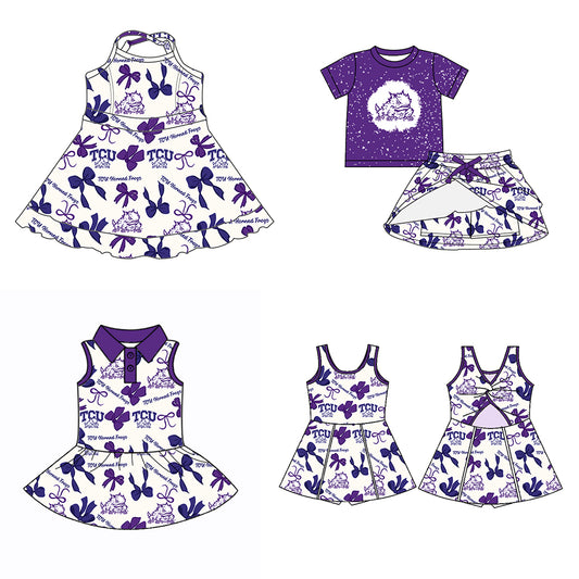 (Custom Design Preorder MOQ 5 Each Color) Team's TCU Horned Frogs Bows Print Girls Summer Clothes Sisters Matching Wear