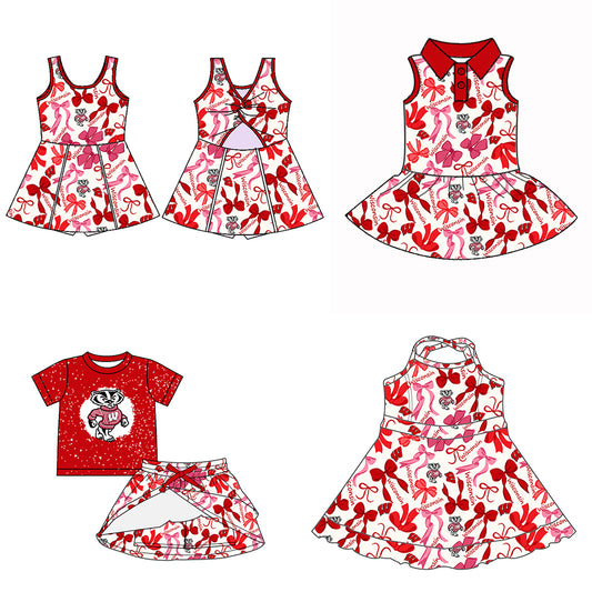 (Custom Design Preorder MOQ 5 Each Color) Team's Wisconsin Bows Print Girls Summer Clothes Sisters Matching Wear
