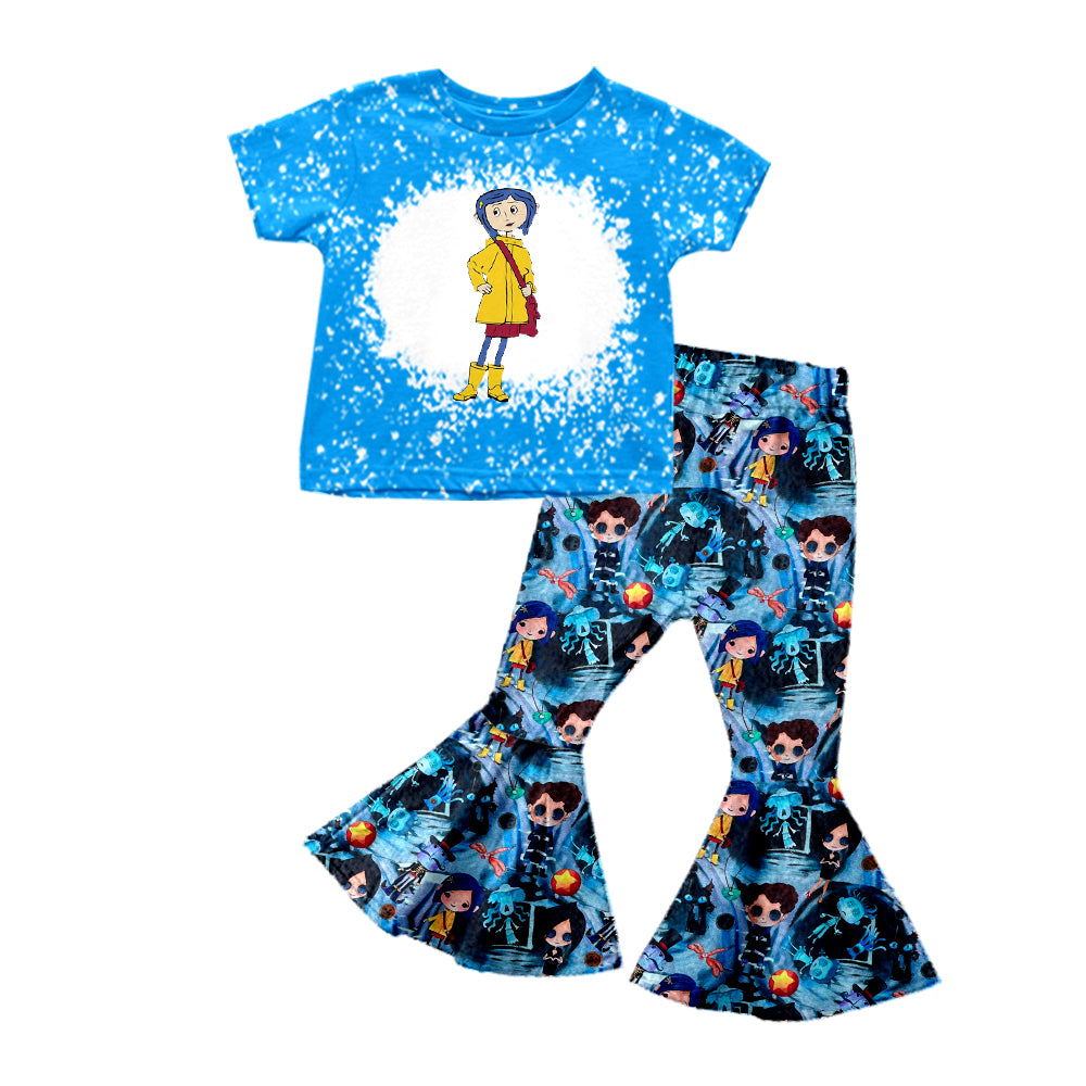 (Custom Design Preorder MOQ 5) Cartoon Coraline Blue Bleached Top Bell Pants Girls Halloween Clothes Set