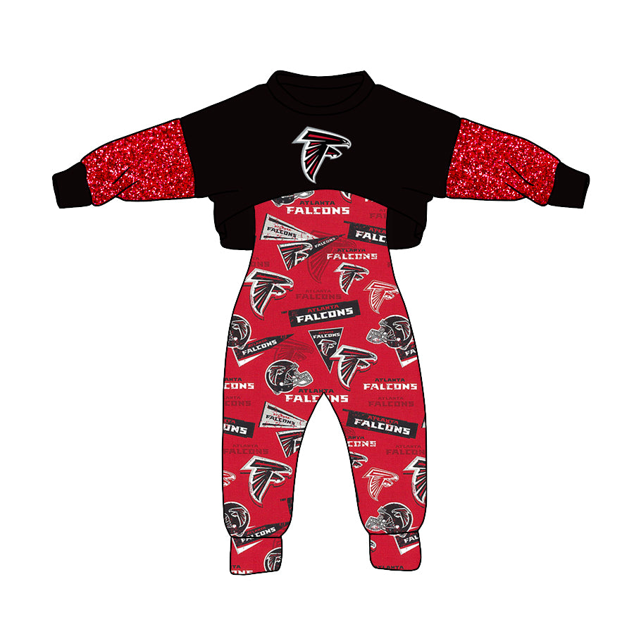 (Custom Design MOQ 5)  NO.4 Red Football Team's Print Girls Jumpsuits Clothes Set