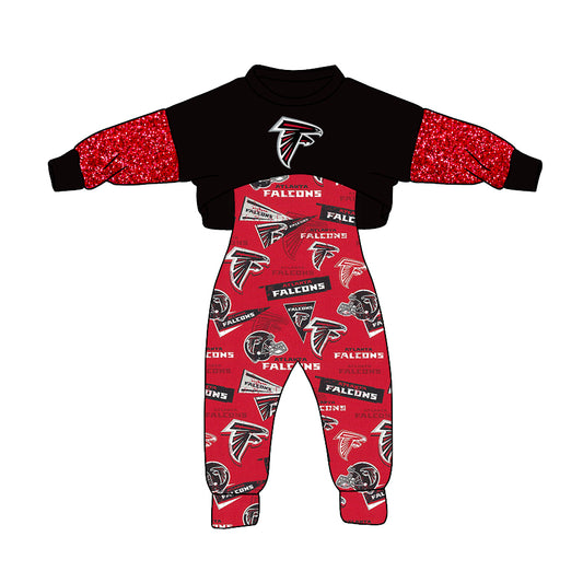 (Custom Design MOQ 5)  NO.4 Red Football Team's Print Girls Jumpsuits Clothes Set